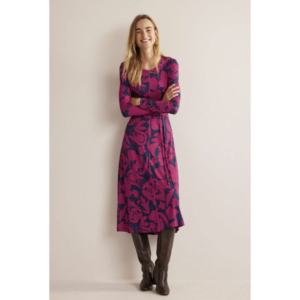 Boden Red Navy Floral Print Knit A-Line Maxi vacation Dress Size 8R